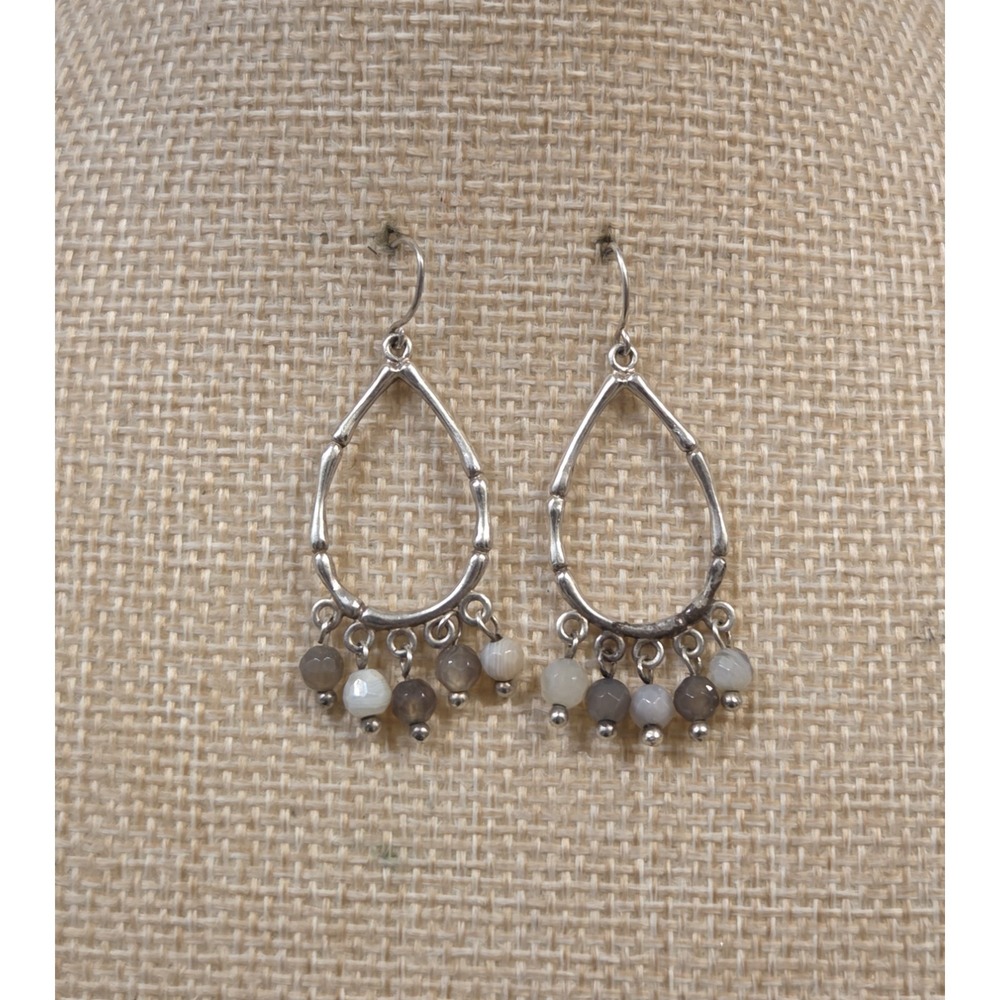 Vintage Sterling Silver & Moonstone Dangle Modernist Oval Earrings - Picture 1 of 5